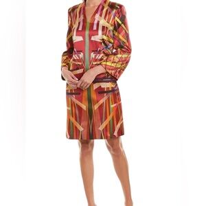 NWT Escada Dixneva Cotton Silk Abstract Long Sleeve V-Neck A-Line Midi Dress